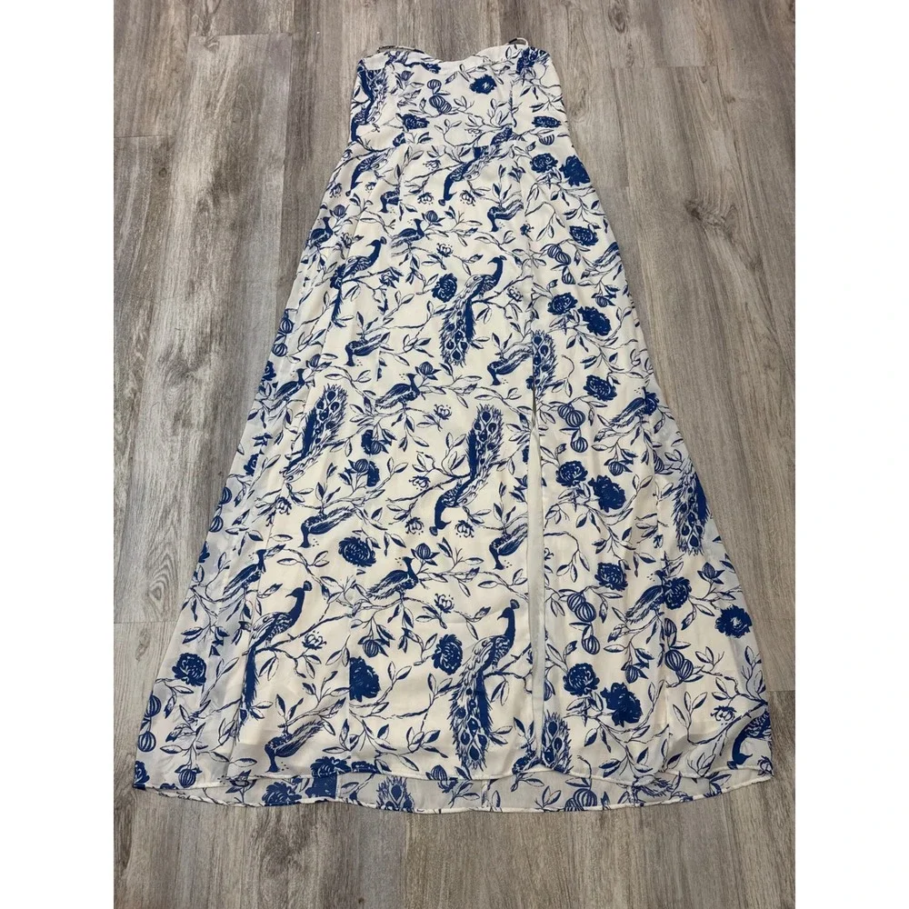 Abercrombie & Fitch Blue White Peacock Toile Maxi Dress XL Lace Up Back Slit